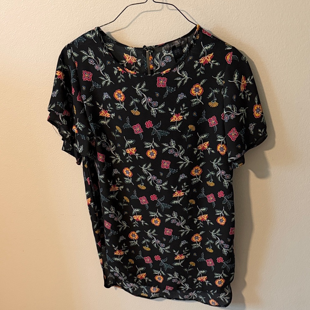 Urban Heritage Black Floral Short-Sleeve Blouse with Pink & Orange Accents